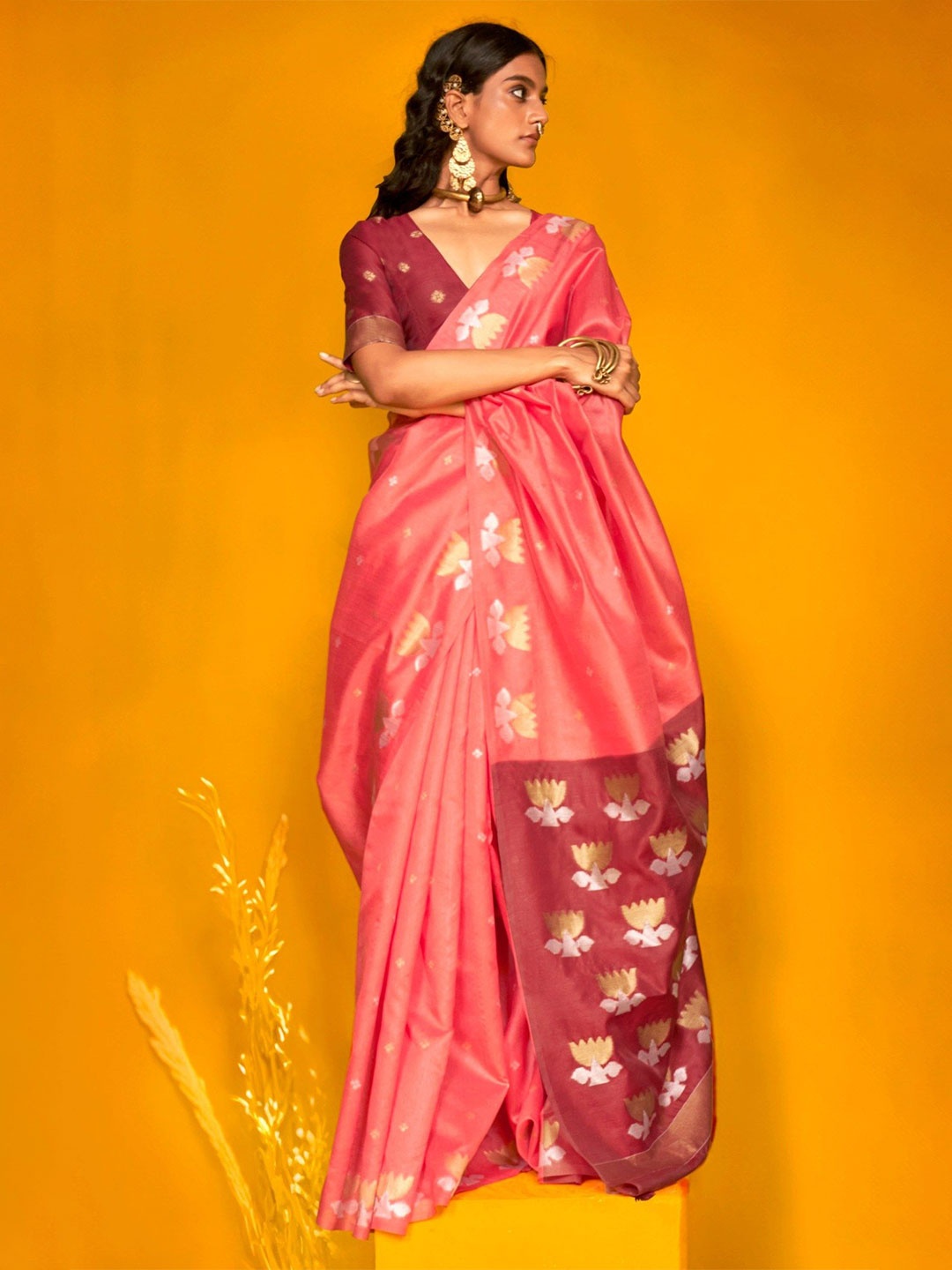 

MySilkLove Woven Design Zari Tussar Saree, Pink