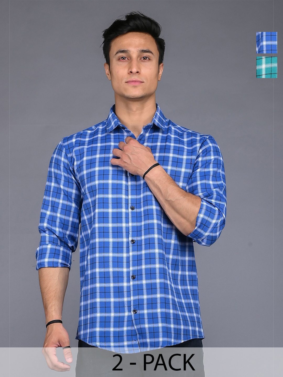 

Tanip Men Pack Of 2 Spread Collar Tartan Checked Cotton Casual Shirts, Blue