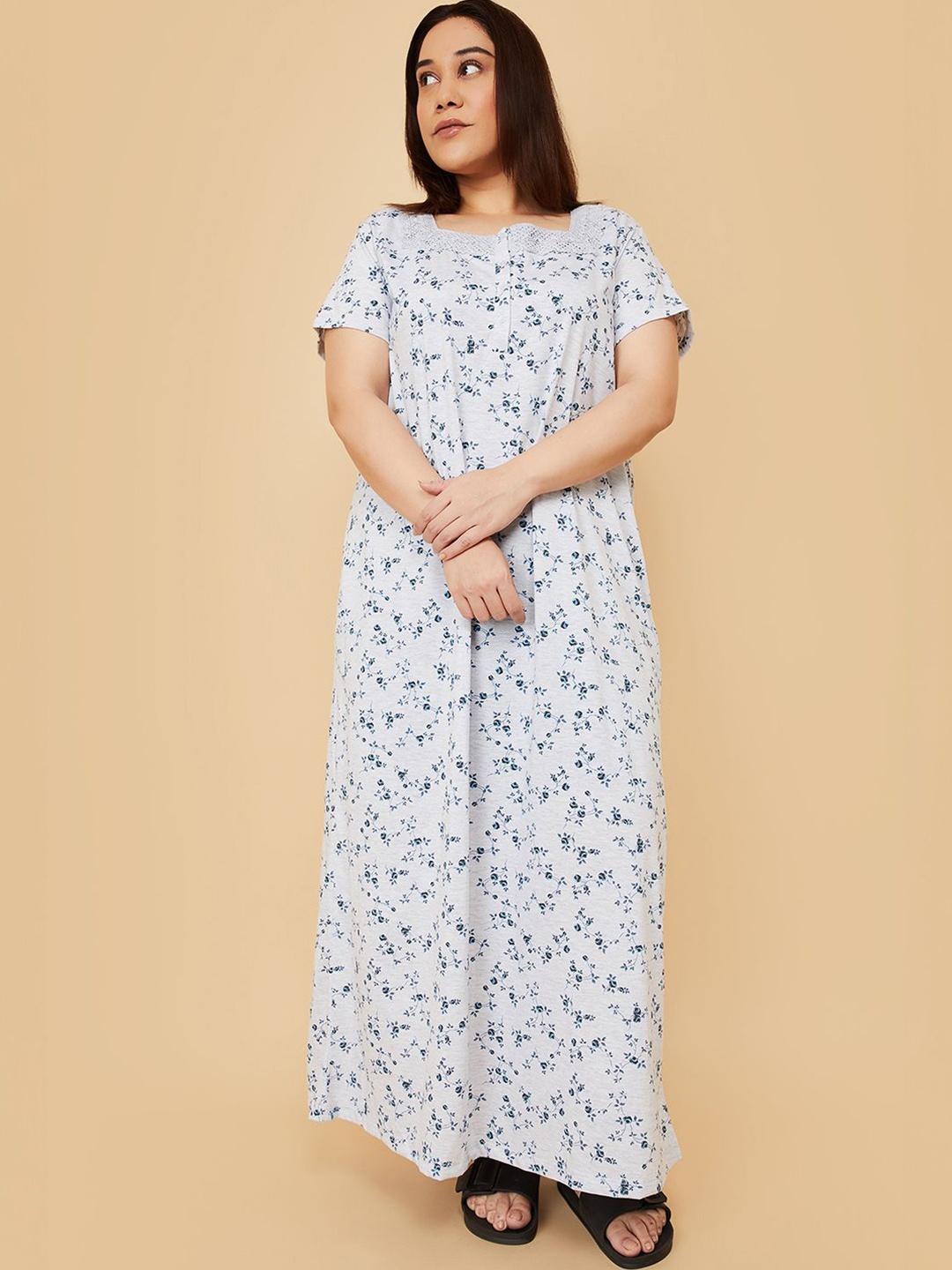 

max Women Floral Printed Square Neck Maxi Nightdress, White