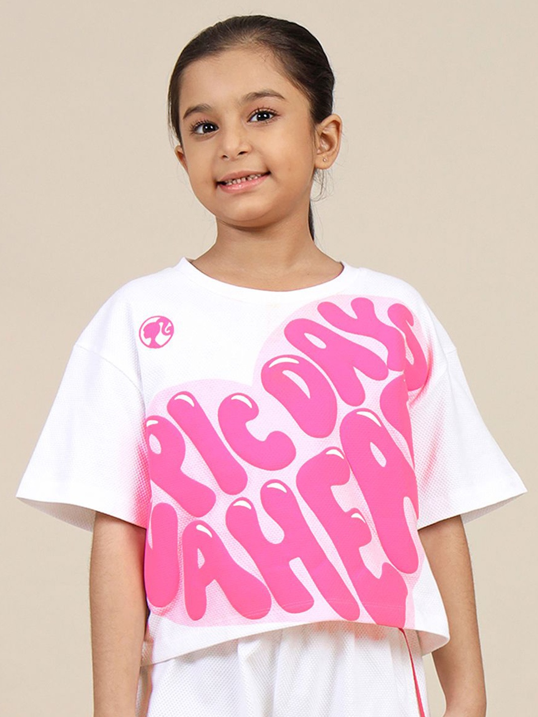 

Kids Ville Girls Barbie Typography Printed Round Neck Cotton Boxy T-shirt, White