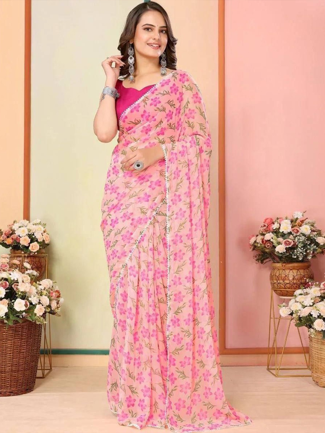 

ZIBLON Woven Design Floral Saree, Pink