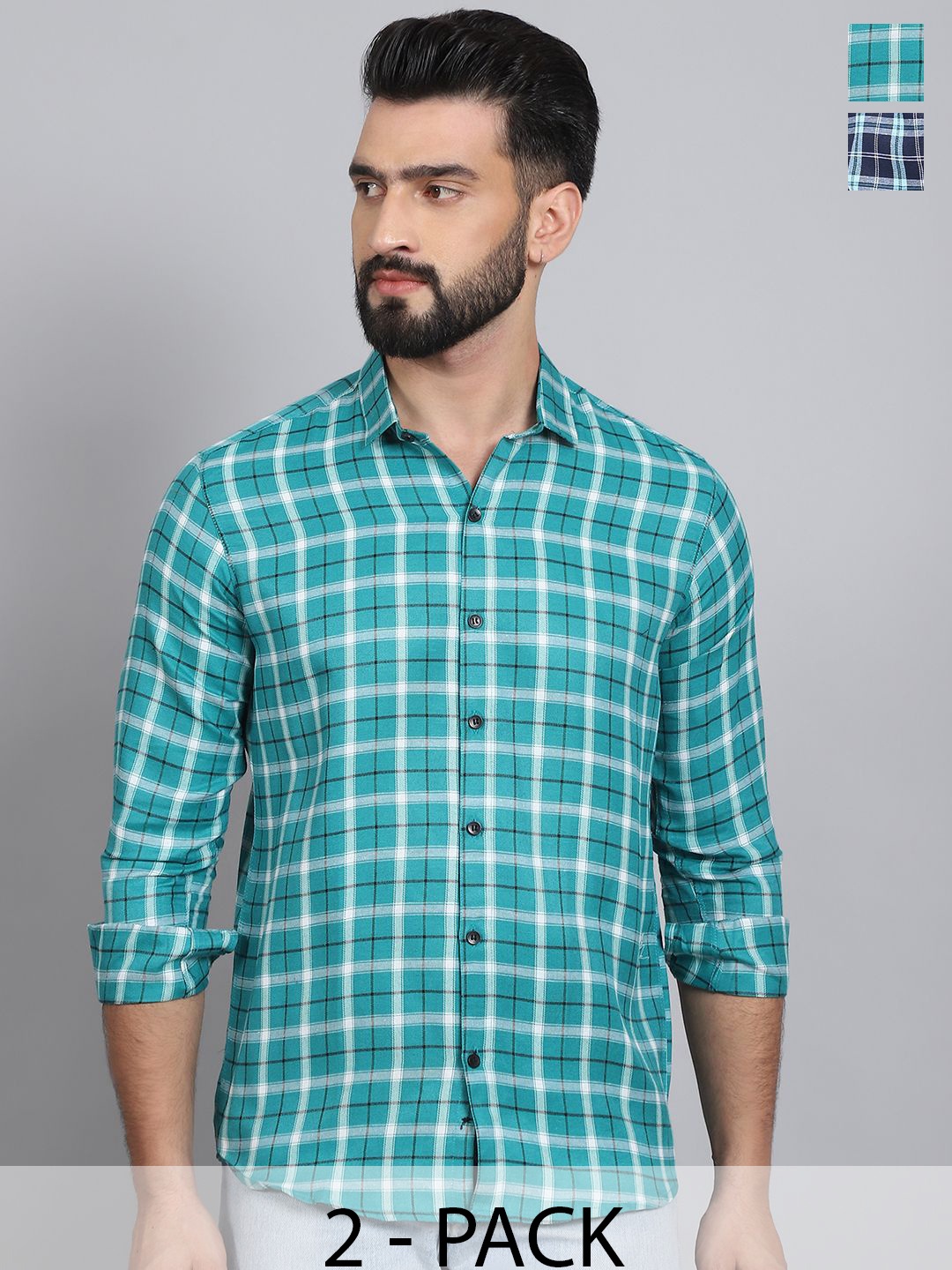 

Tanip Men Pack Of 2 Spread Collar Tartan Checked Cotton Casual Shirts, Sea green