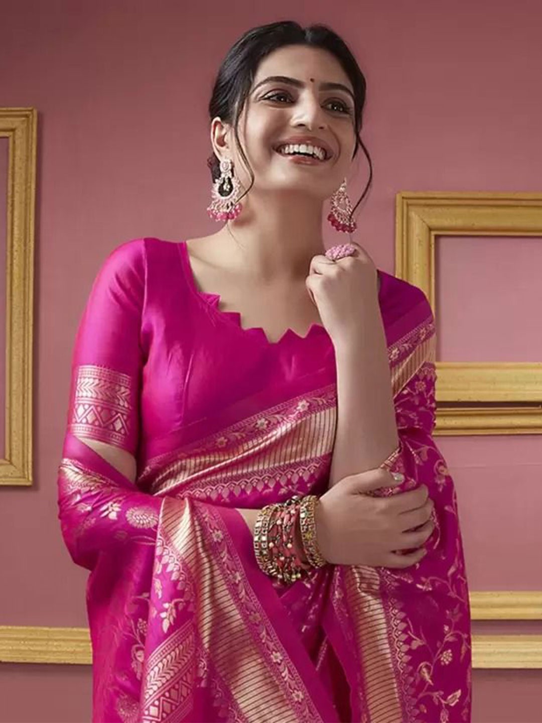 

Florence Floral Woven Design Zari Pure Silk Saree, Pink