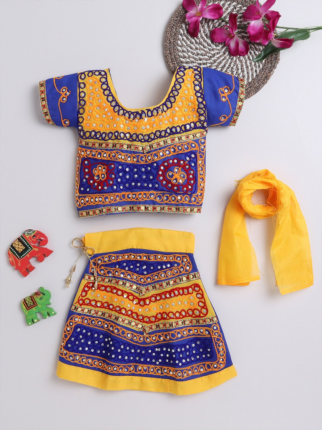 

BAESD Girls Embroidered Mirror Work Ready to Wear Lehenga & Blouse With Dupatta, Blue