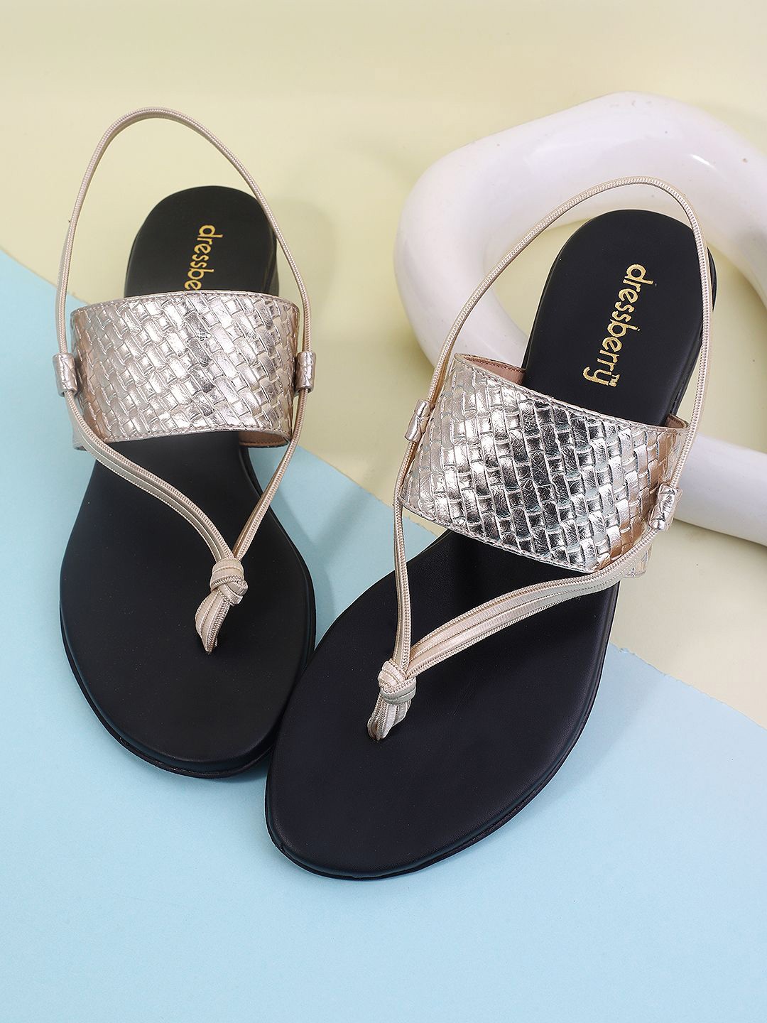 

DressBerry Women Textured T - Straps Flats, Gold