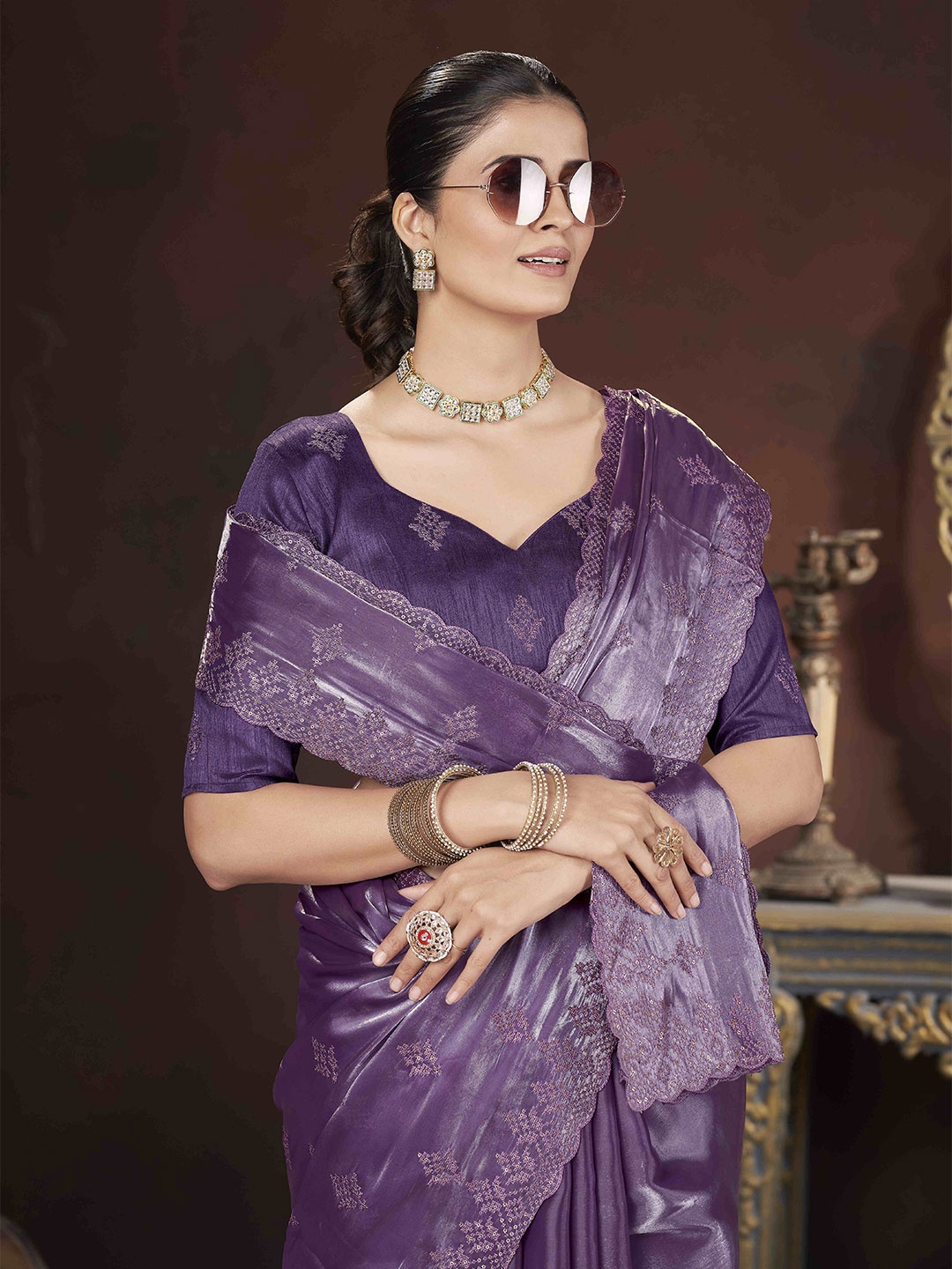 

RV CREATION Floral Embroidered Organza Saree, Purple