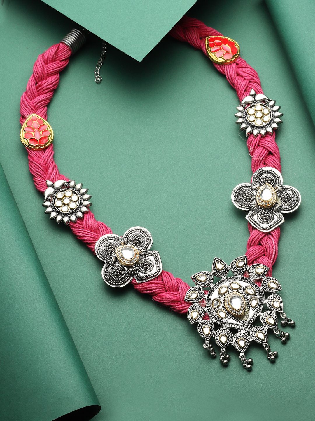 

Moedbuille Silver-Plated Kundan Studded Antique Design Oxidised Tasselled Jute Necklace