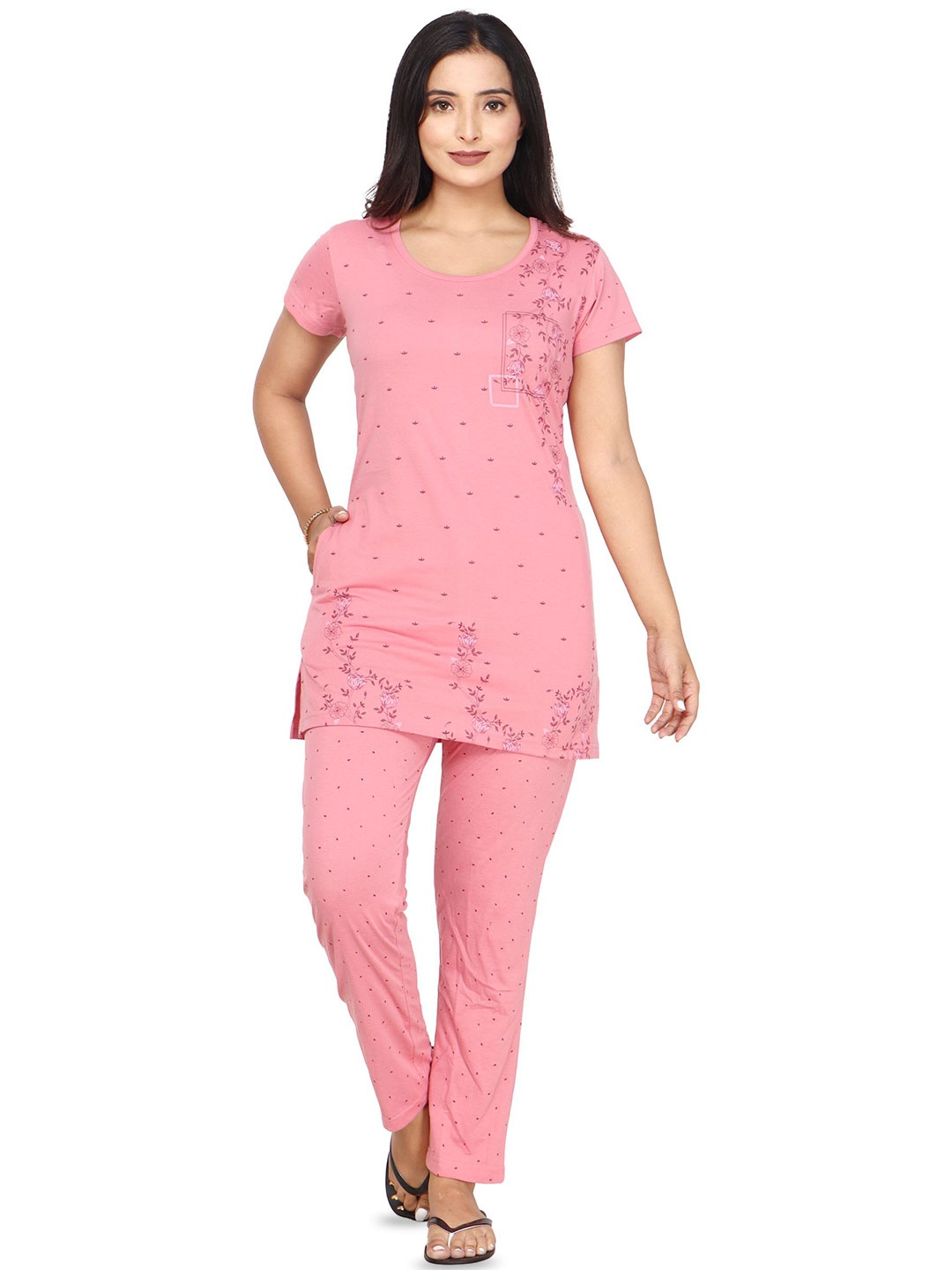 

CLINT Floral Printed Round Neck T-Shirt With Pyjama, Pink