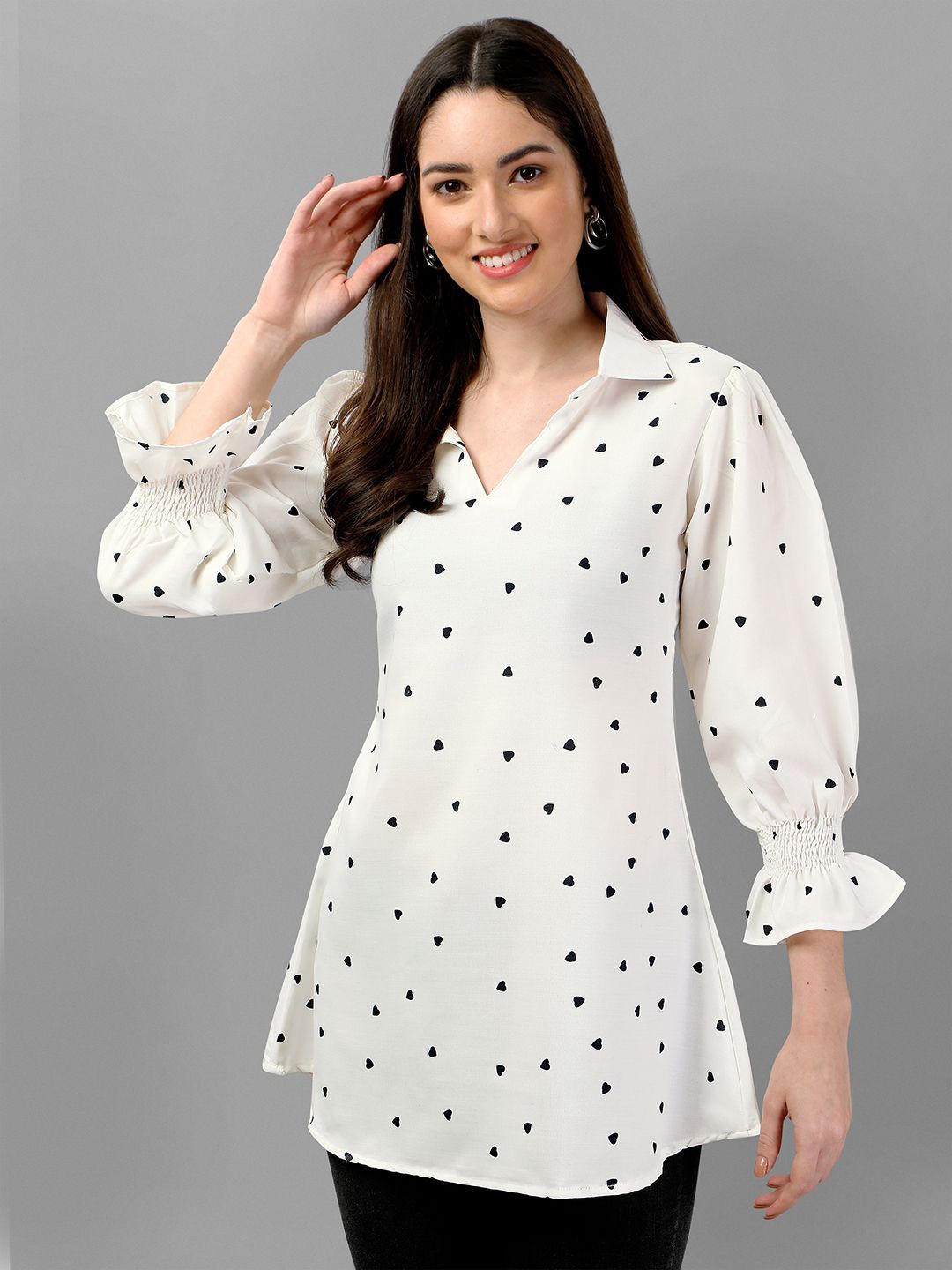 

RIEKA Women Polka Dot Printed Shirt Collar Top, White