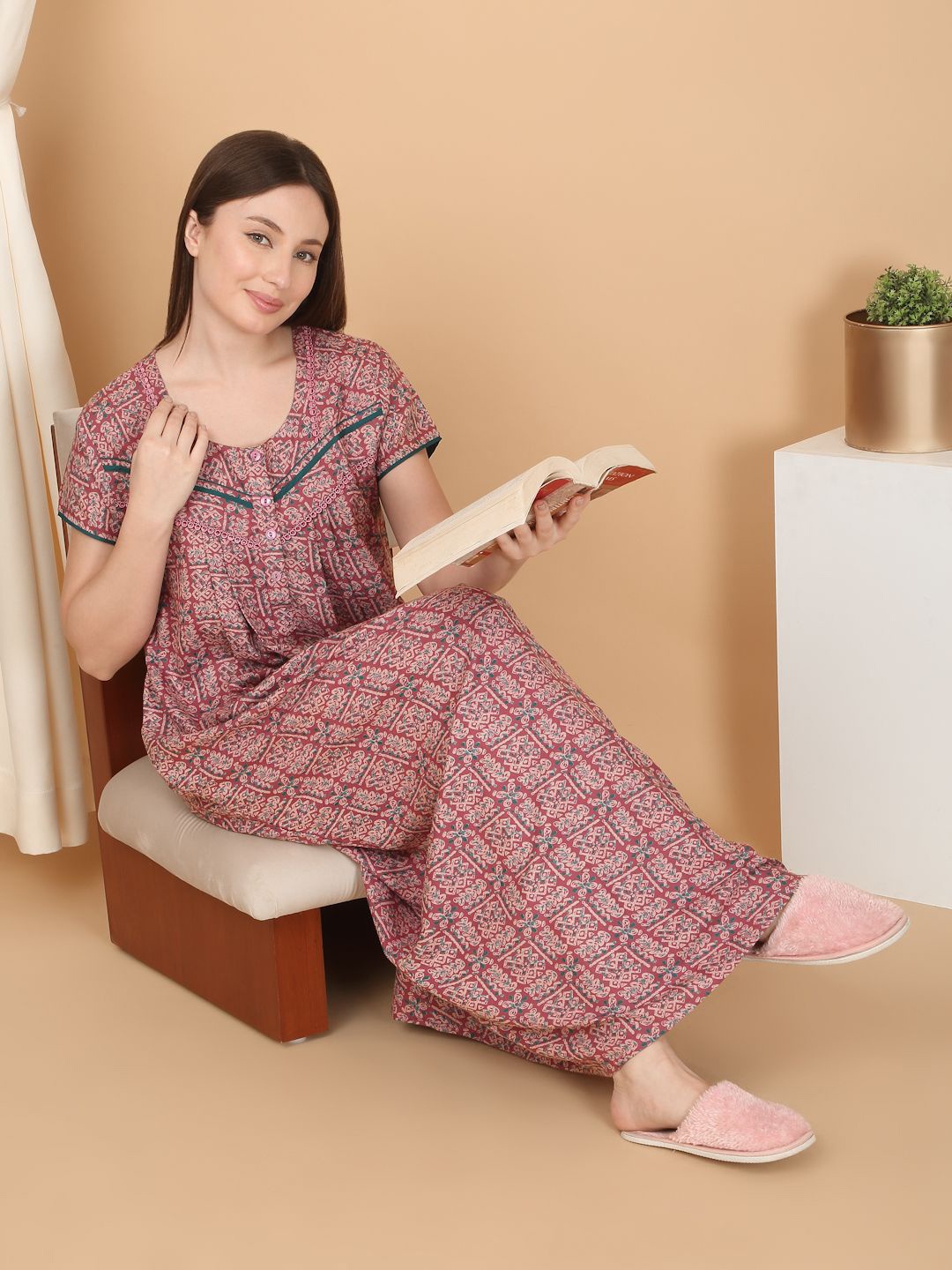 

SAANJ Printed Pure Cotton Maxi Nightdress, Pink