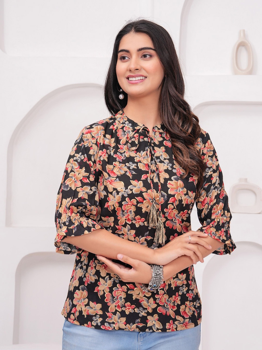

kipek Floral Printed Tie-Up Neck Cotton Top, Black