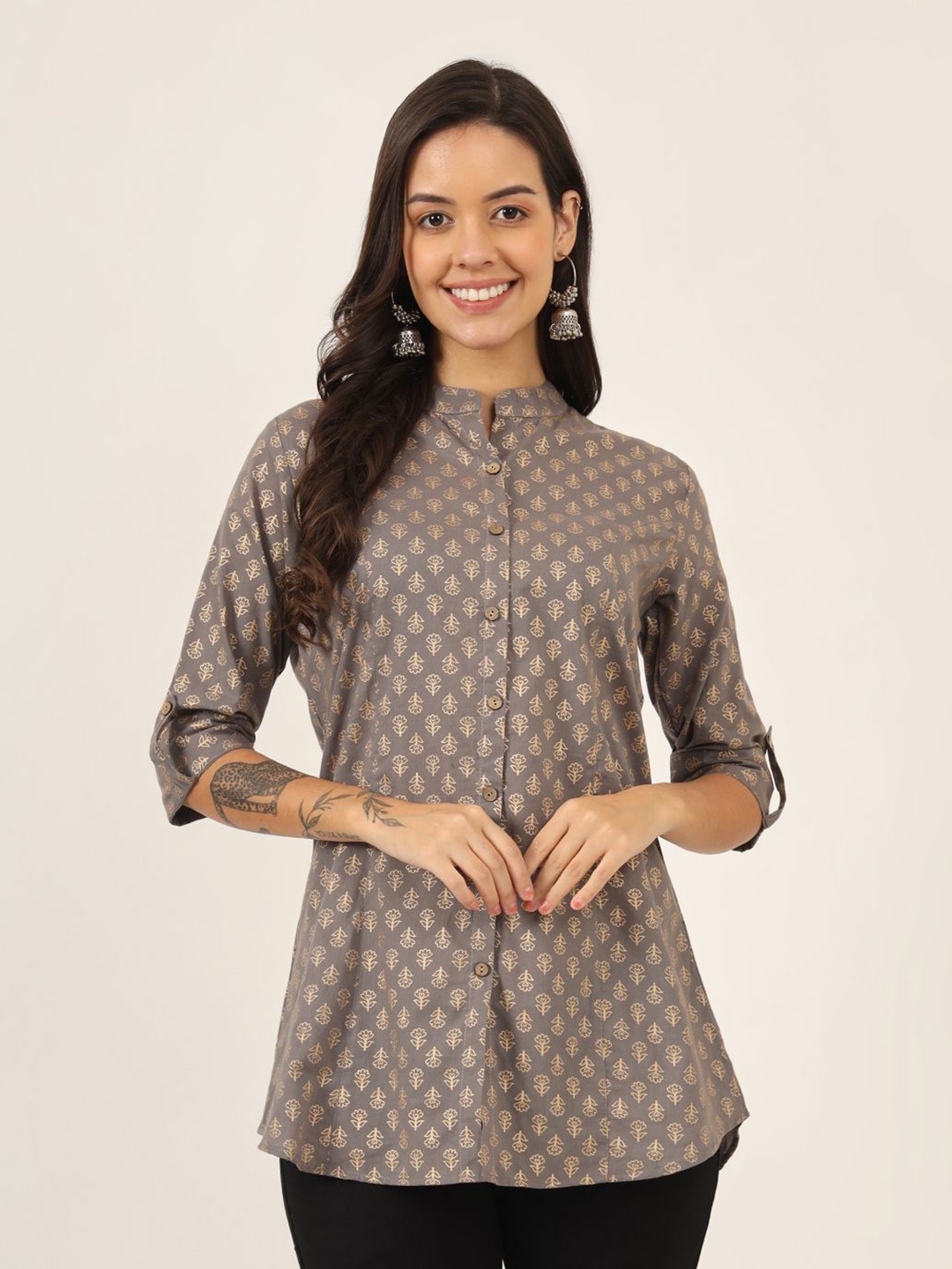 

BAESD Floral Printed Mandarin Collar Roll-Up Sleeves Ethnic Cotton A-Line Top, Grey