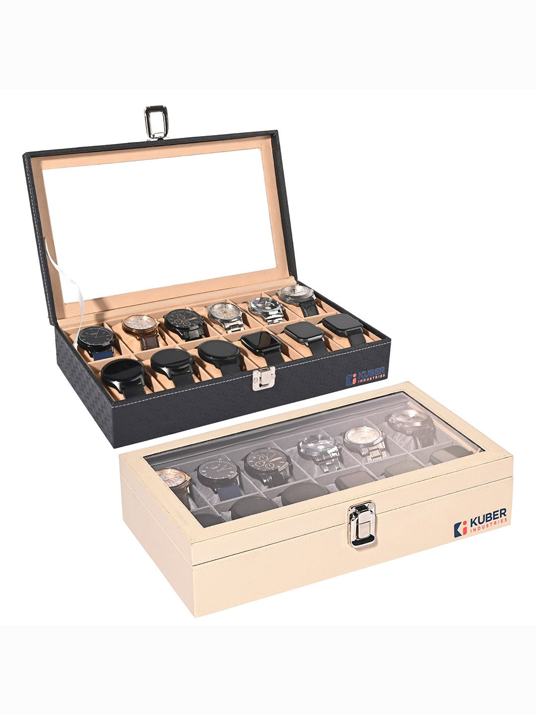 

Kuber Industries Beige & Grey 2 Pieces Premium Leather 12 Slot Wrist Watch Organisers