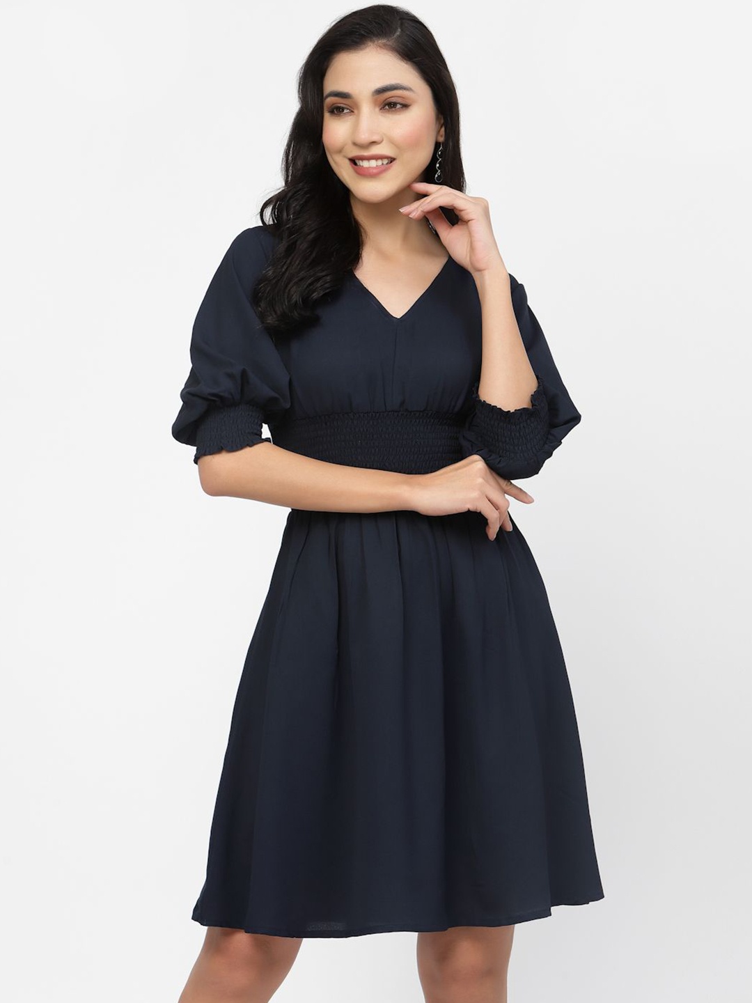 

DELIS Women V-Neck Fit & Flare Above Knee Dress, Navy blue