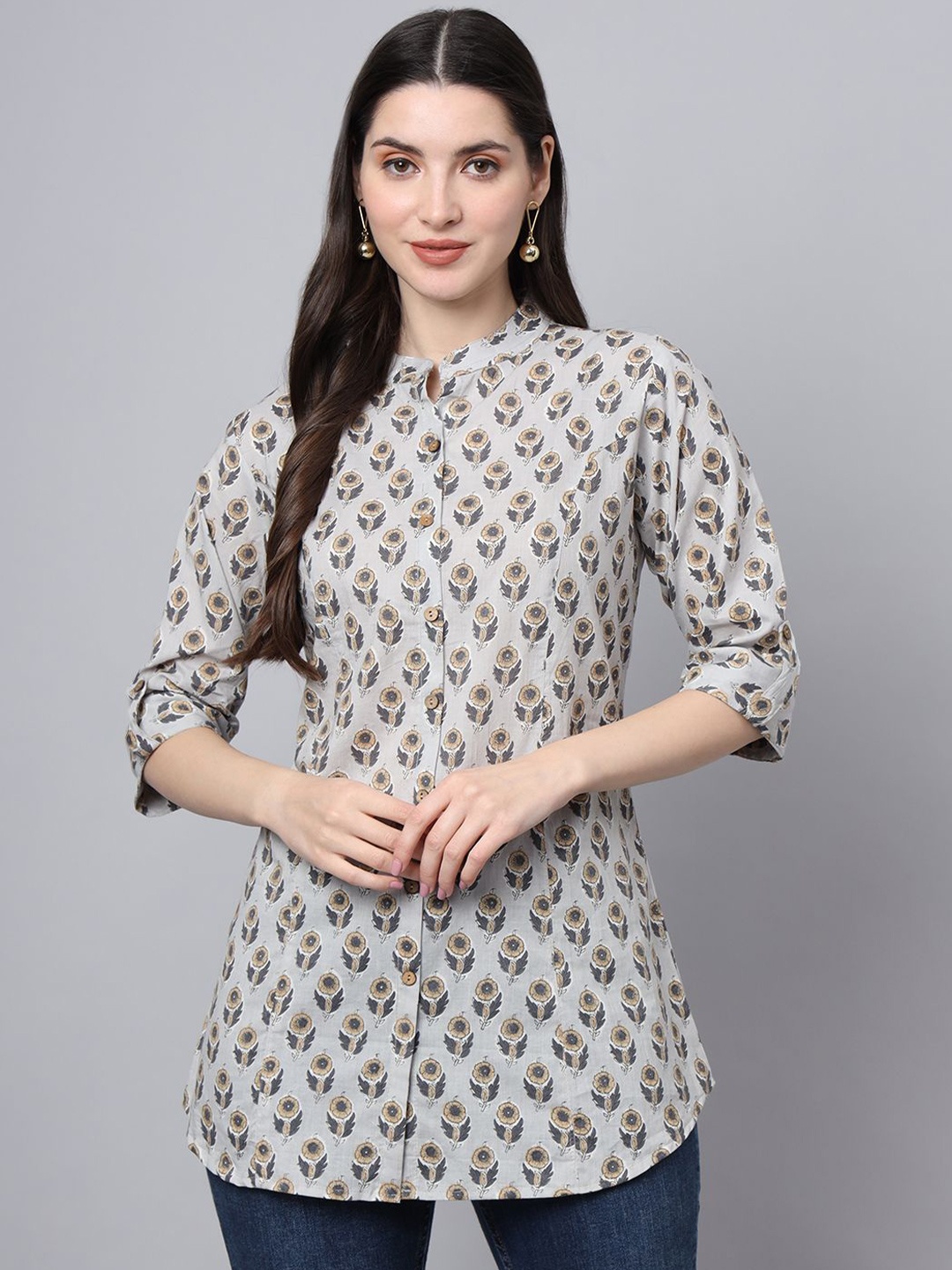 

BAESD Women Floral Printed Mandarin Collar Roll-Up Sleeves Pure Cotton Kurti, Grey