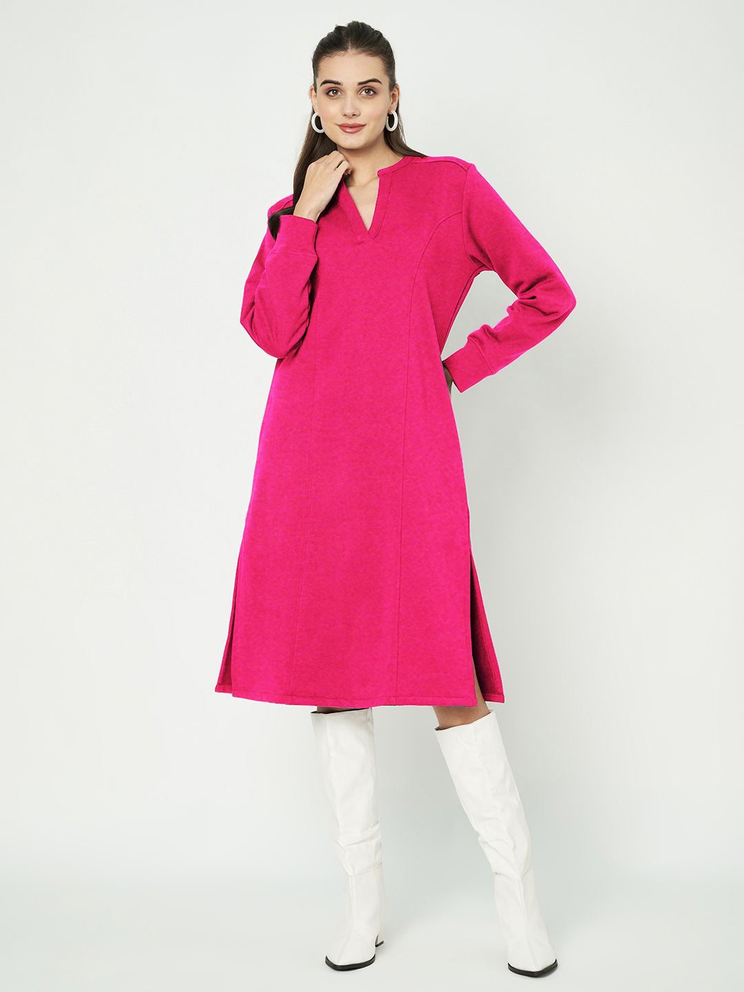 

BRINNS A-Line Mandarin Collar Midi Dress, Fuchsia
