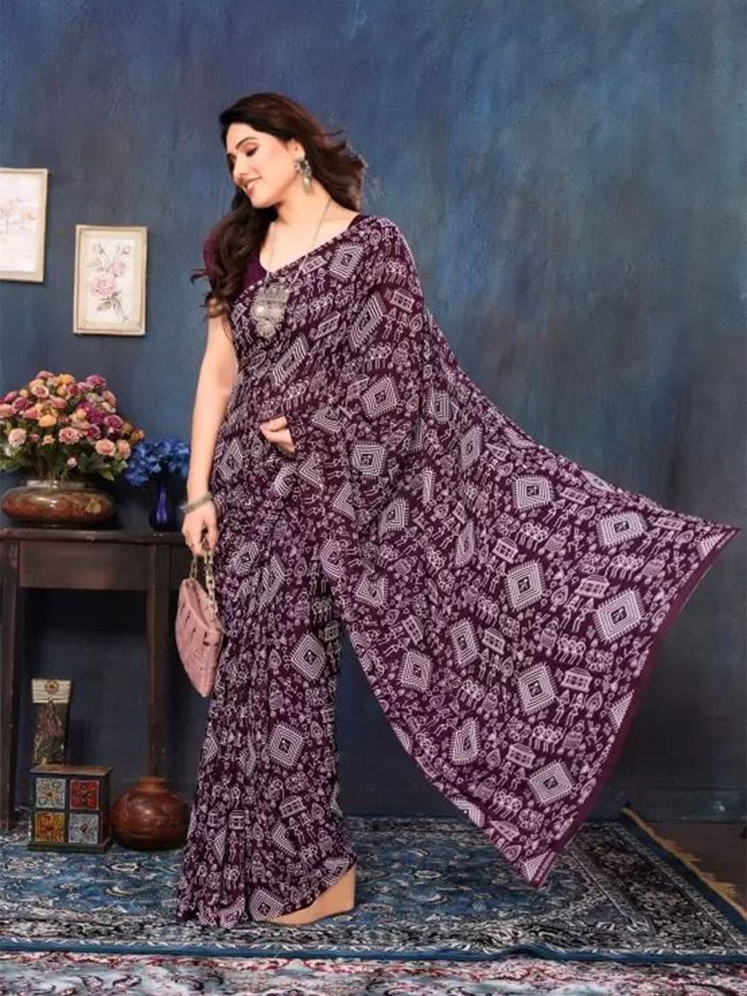 

Florence Geometric Printed Pure Georgette Saree, Burgundy