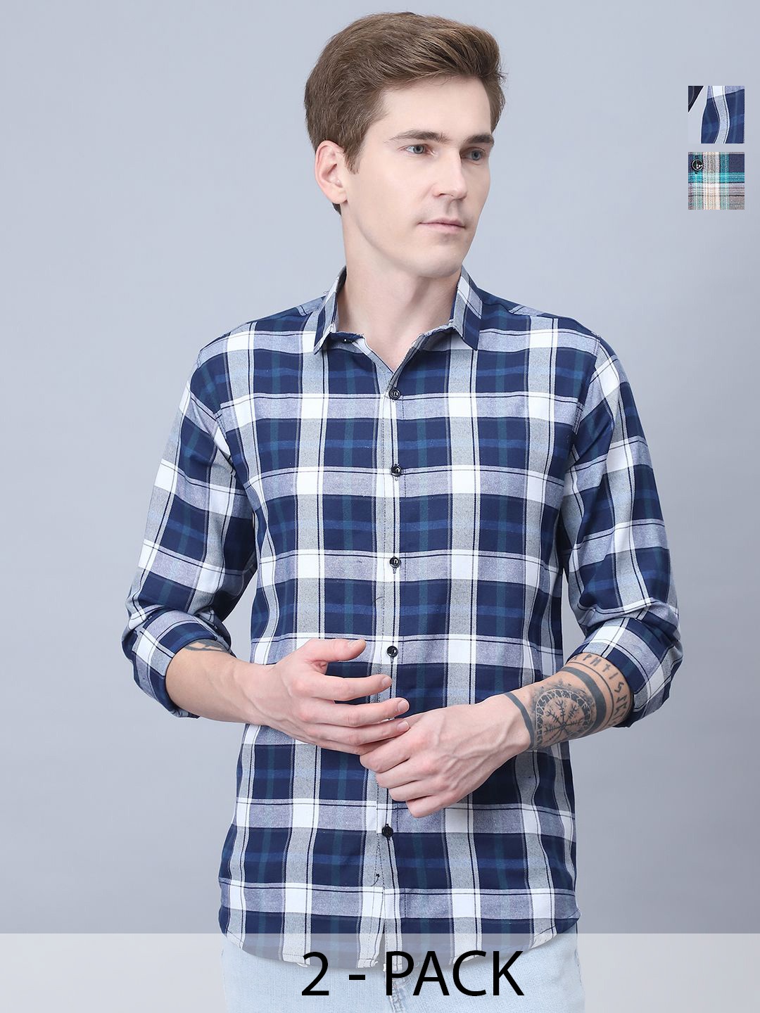 

Tanip Men Pack Of 2 Spread Collar Tartan Checked Cotton Casual Shirts, Blue