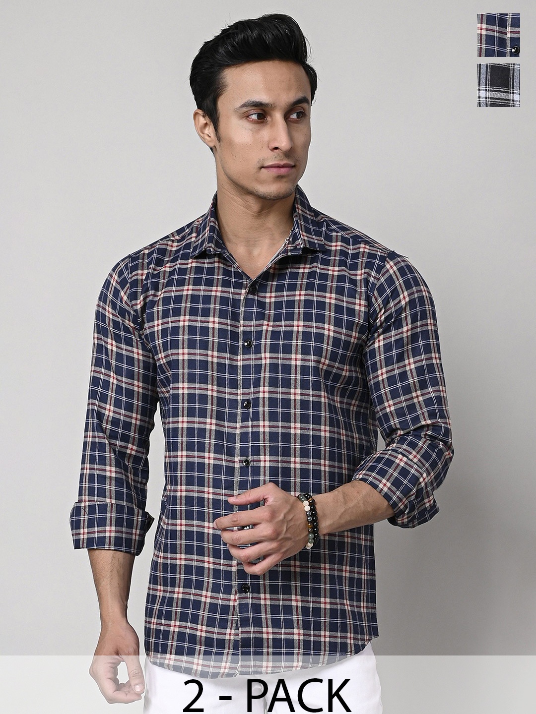 

Tanip Men Pack Of 2 Spread Collar Tartan Checked Cotton Casual Shirts, Navy blue