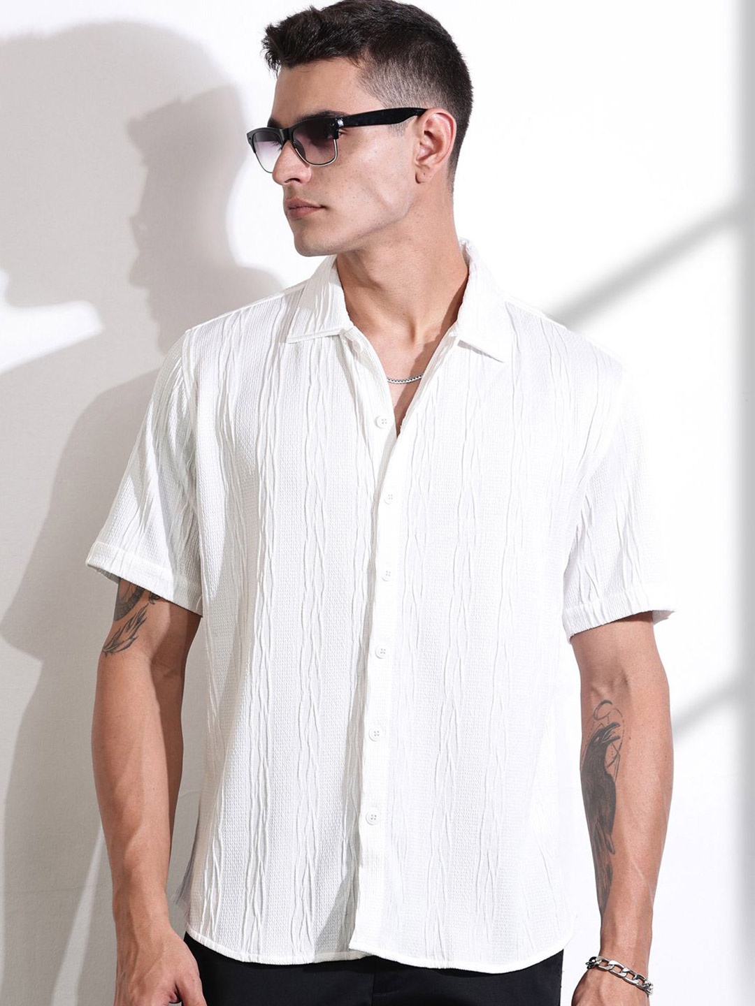 

Thomas Scott Men Smart Fit Cutaway Collar Textured Casual Shirt, White