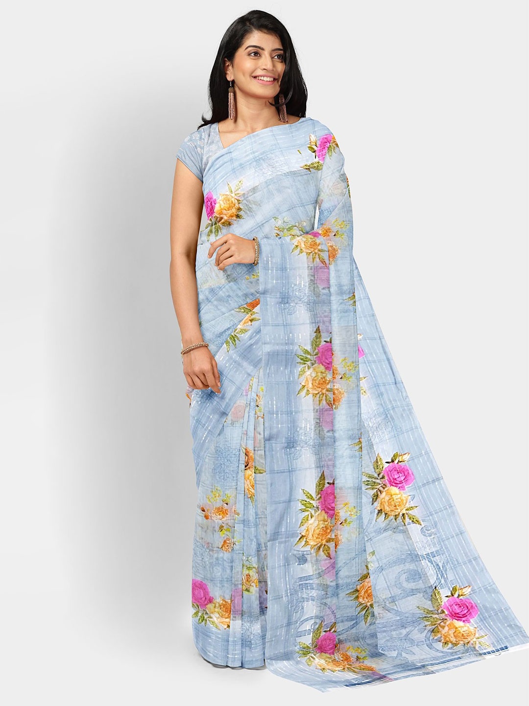 

Ruhabs Floral Printed Zari Saree, Grey