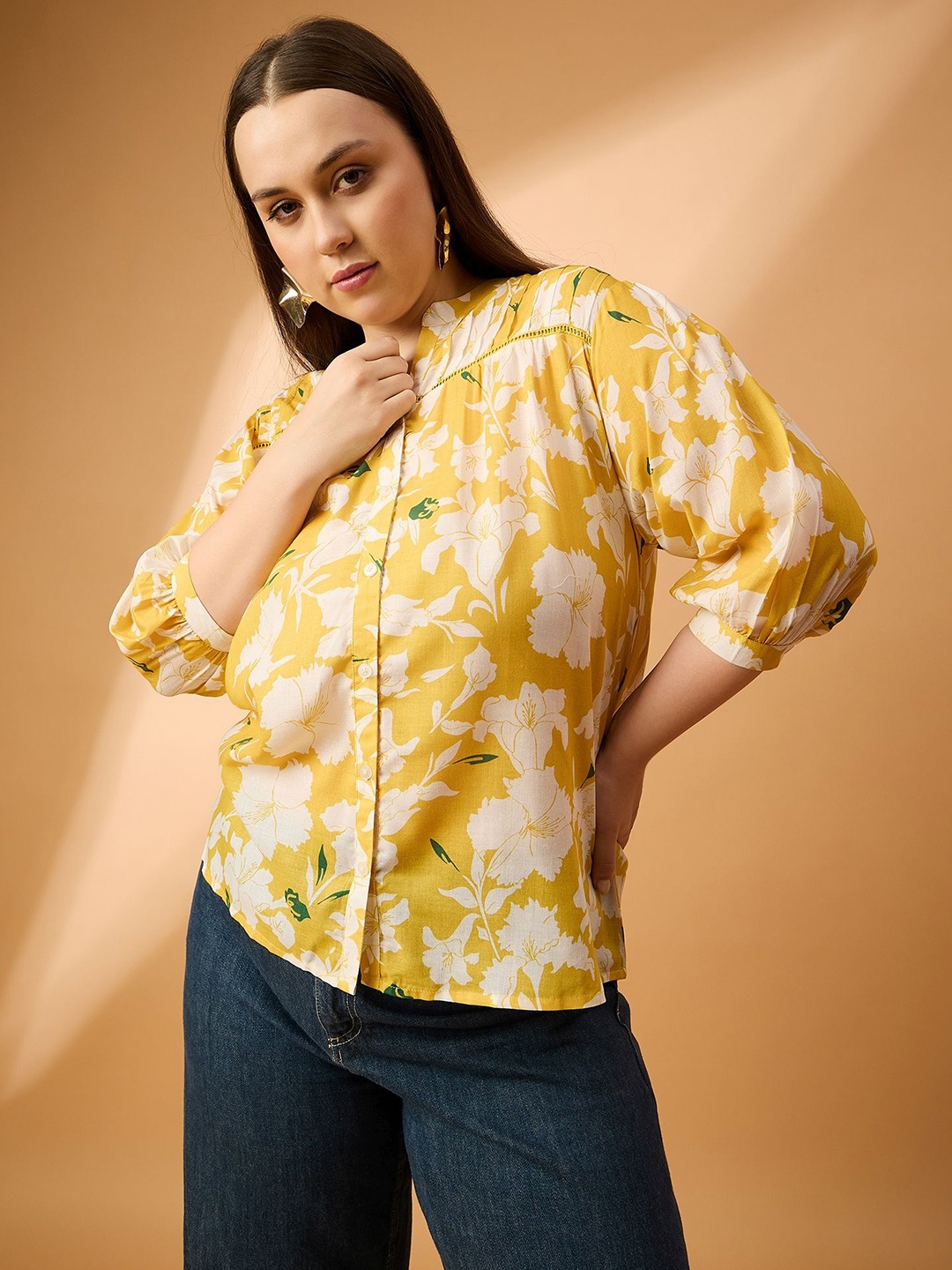 

all about you Women Floral Print Mandarin Collar Puff Sleeve Top Plus-Size, Yellow