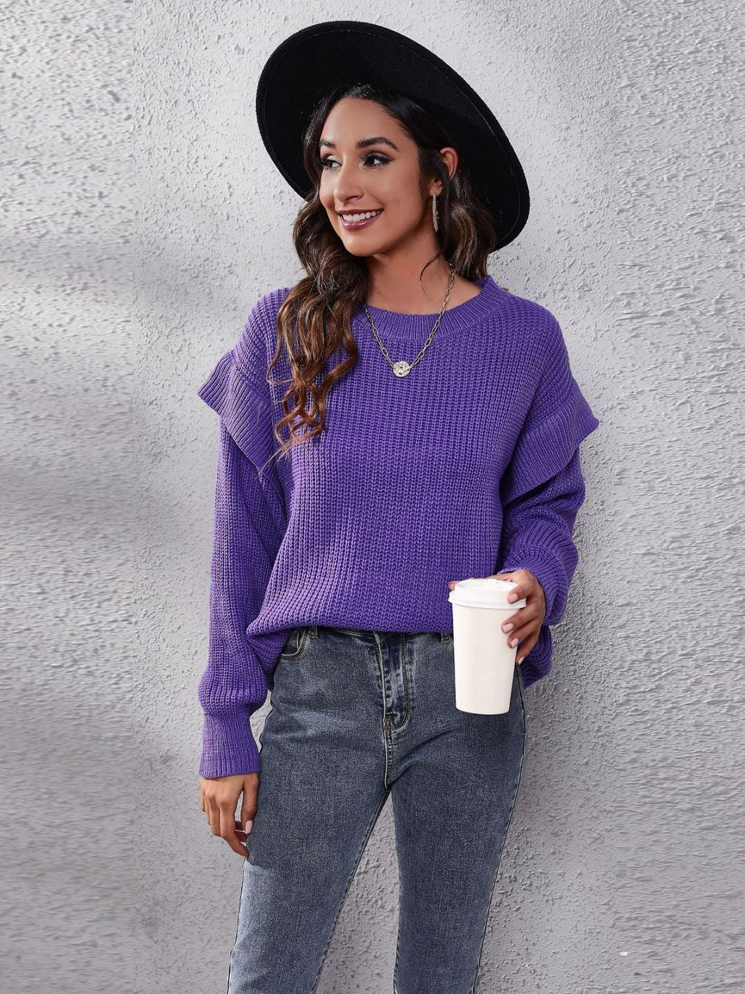 

Oh Rare Women Drop shoulder Cable Knit Pullover, Purple
