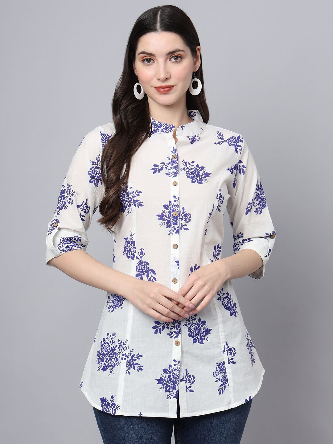 

BAESD Women Floral Printed Mandarin Collar Roll-Up Sleeves Cotton Top, White
