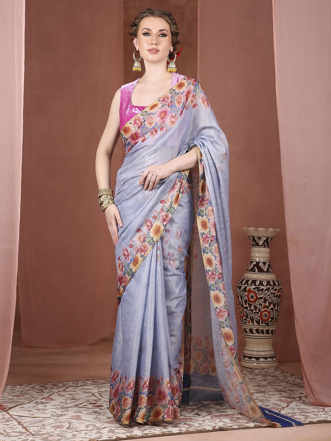 

JUST FASHION Floral Silk Cotton Saree, Blue