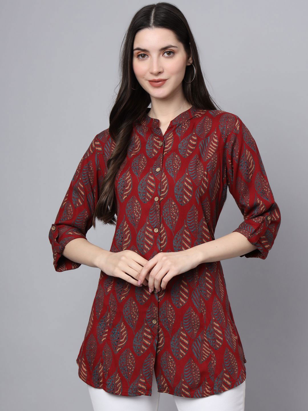 

BAESD Women Floral Print Mandarin Collar Roll-Up Sleeves Ethnic Cotton Shirt Style Top, Maroon