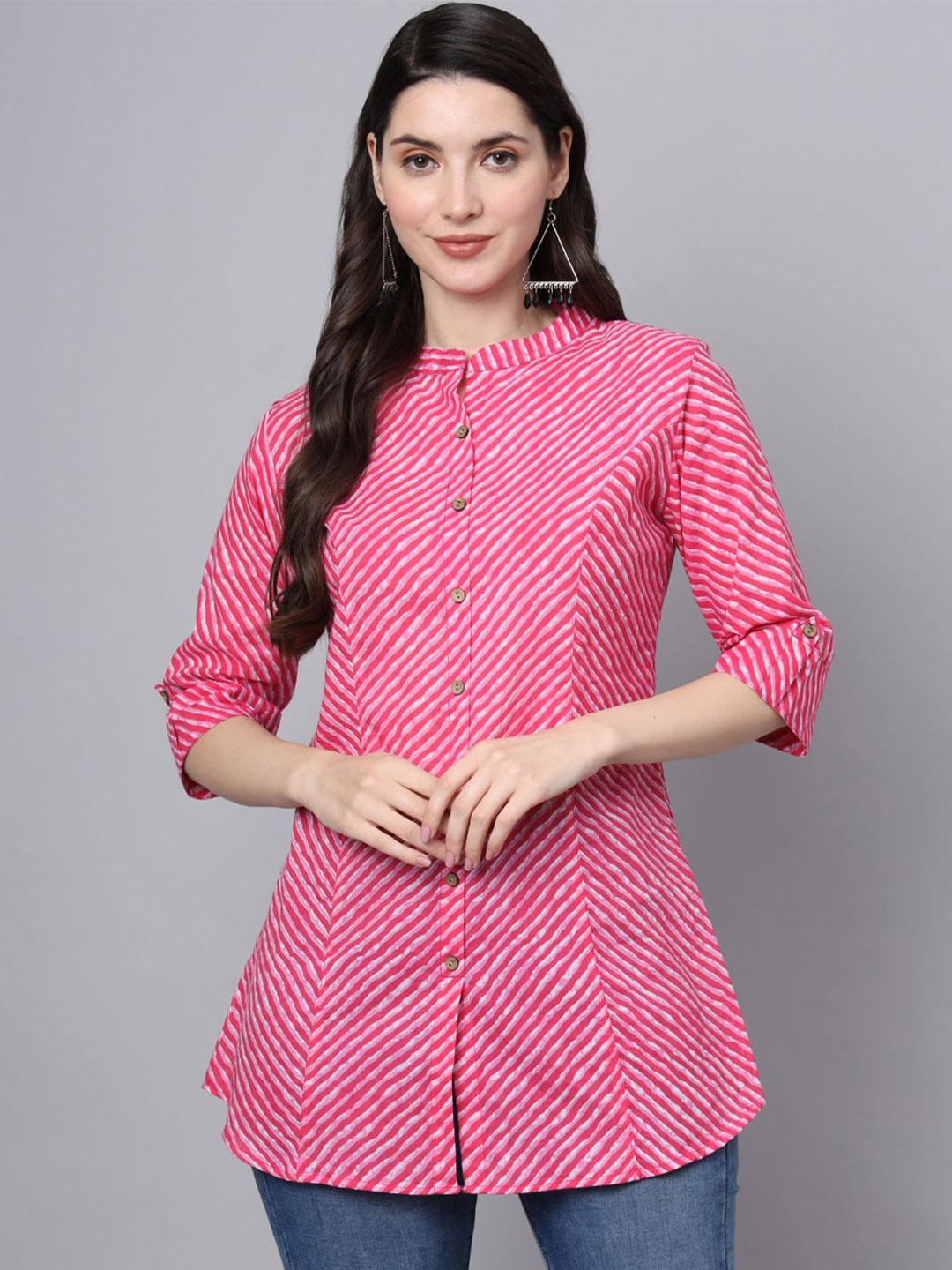 

BAESD Women Floral Print Mandarin Collar Roll-Up Sleeves Cotton Shirt Style Top, Pink