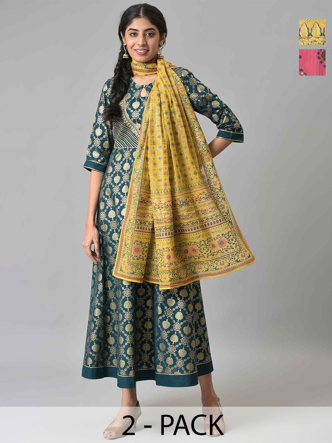 

AURELIA Pack Of 2 Floral Printed Dupattas, Yellow