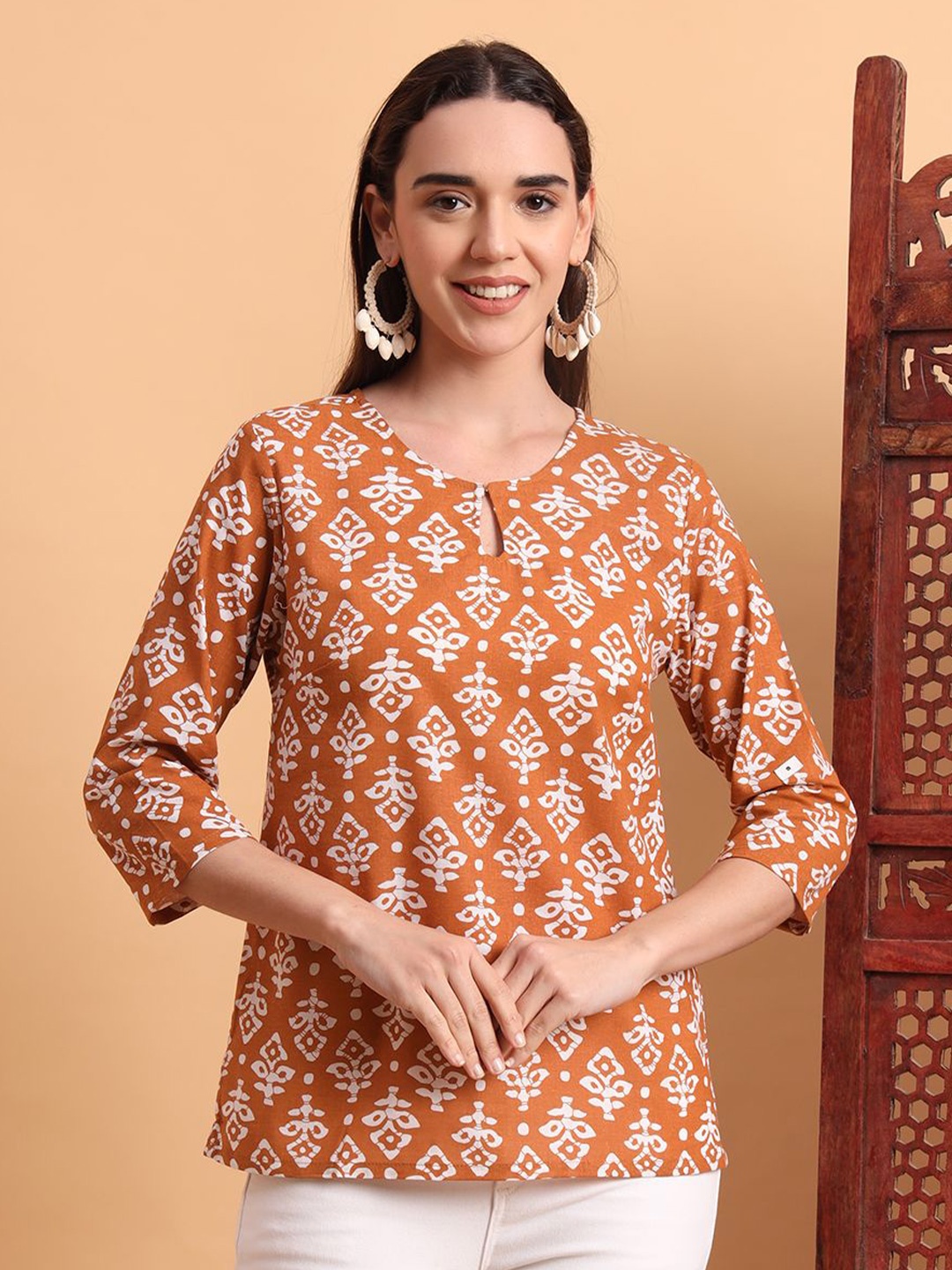 

Anouk Rustic Ethnic Motifs Printed Pure Cotton Kurti, Rust