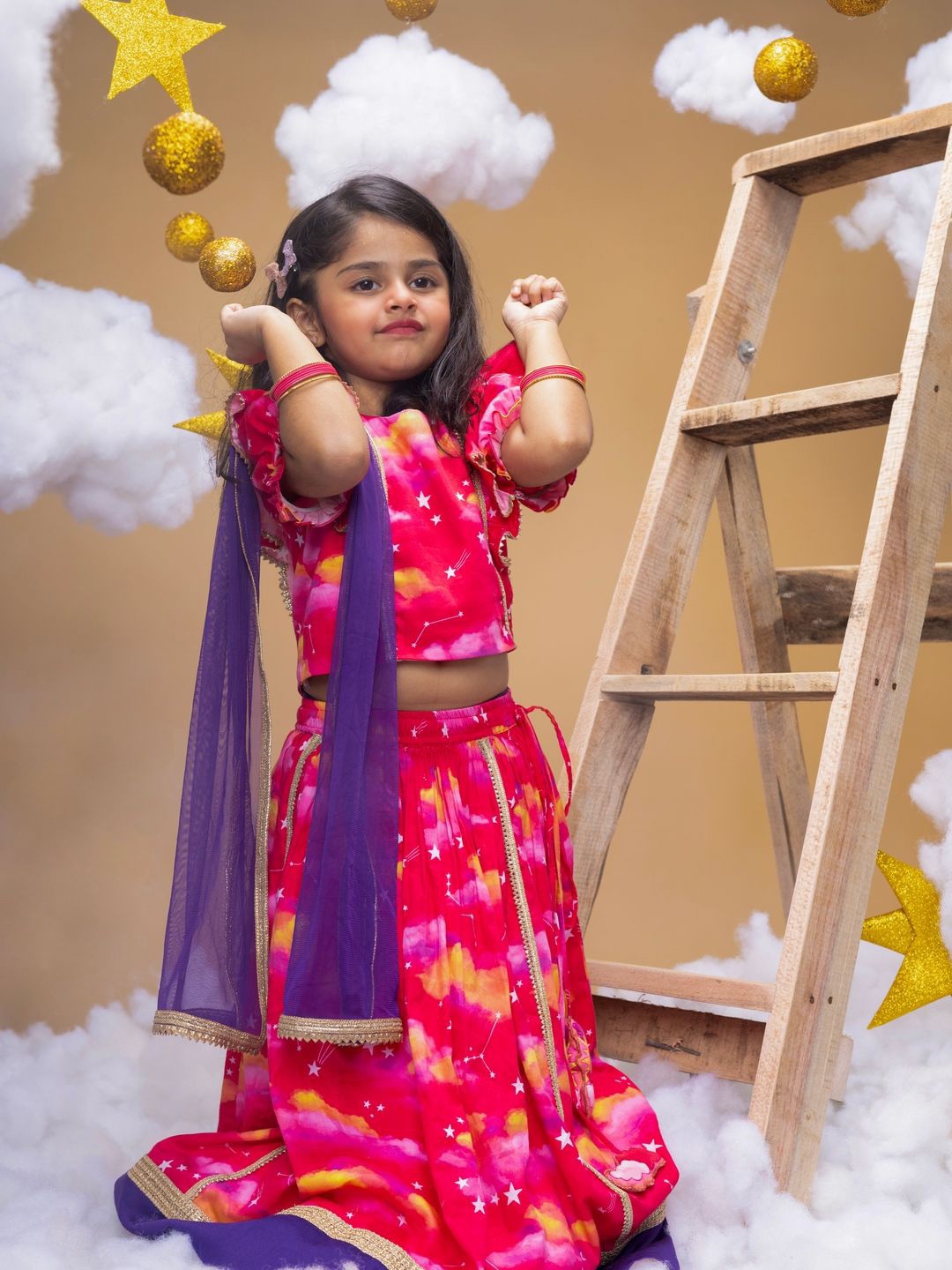 

Little Shiro Girls Printed Ready to Wear Lehenga & Blouse With Dupatta, Pink