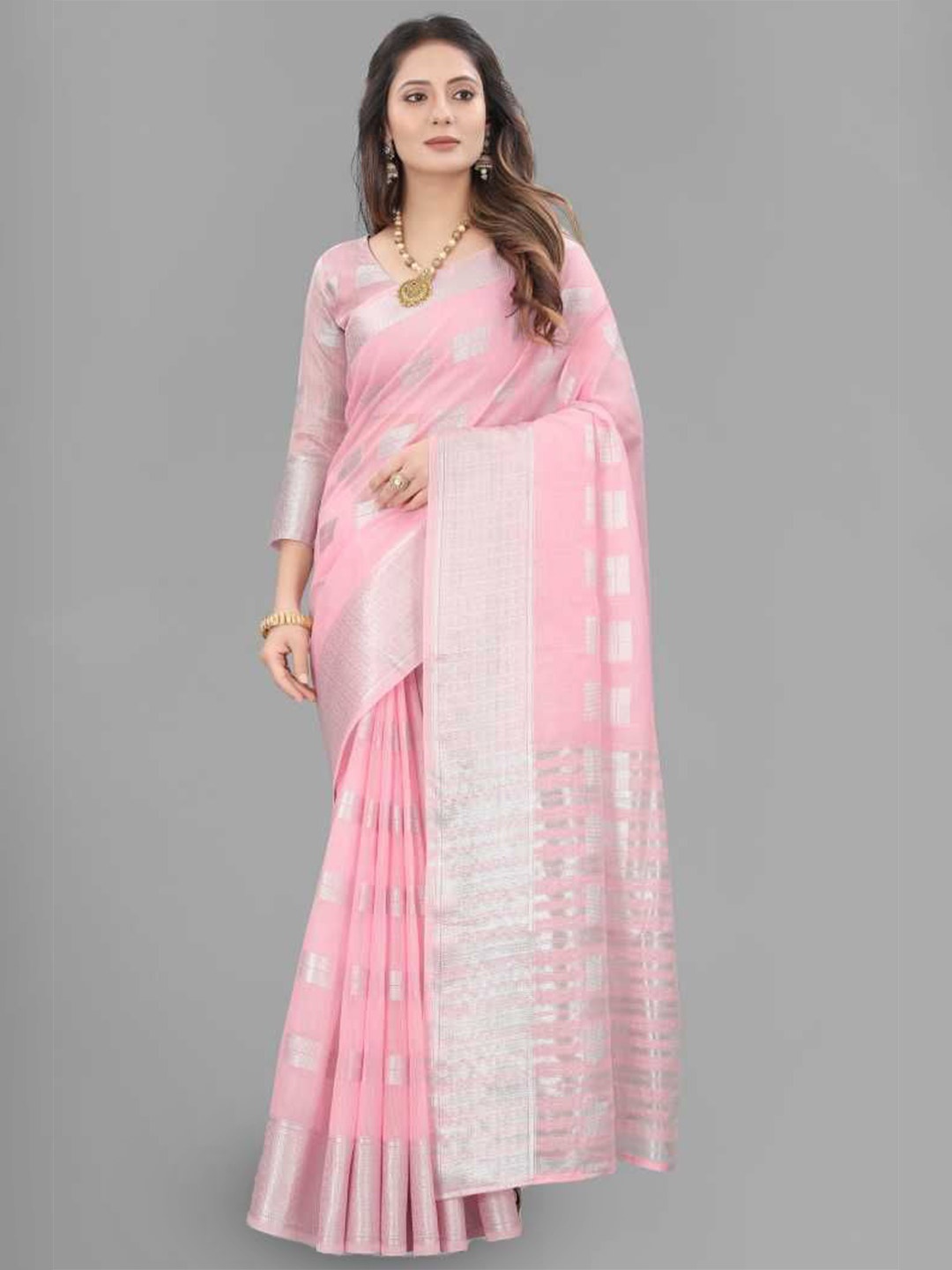 

A TO Z CART Woven Design Zari Pure Linen Saree, Pink