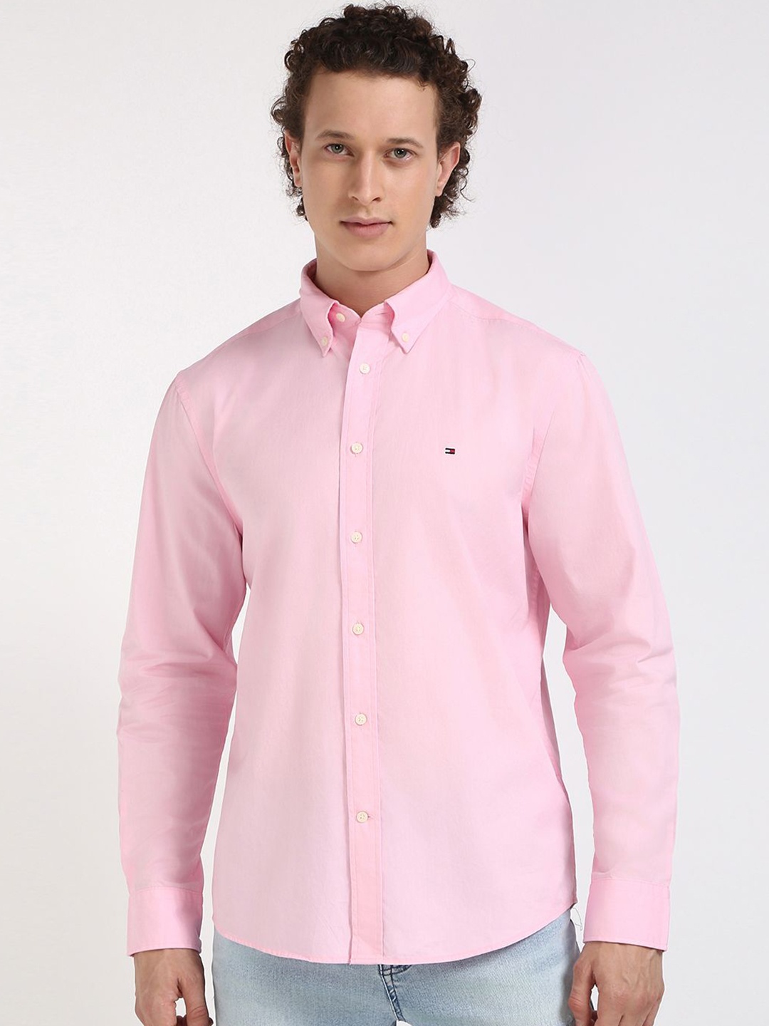 

Tommy Hilfiger Men Button-Down Collar Solid Cotton Casual Shirt, Pink