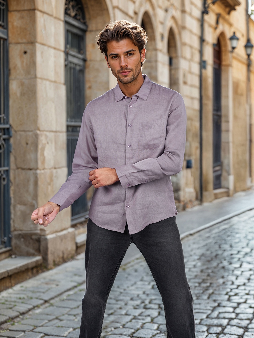 

Celio Men Classic Fit Spread Collar Solid Linen Casual Shirt, Purple