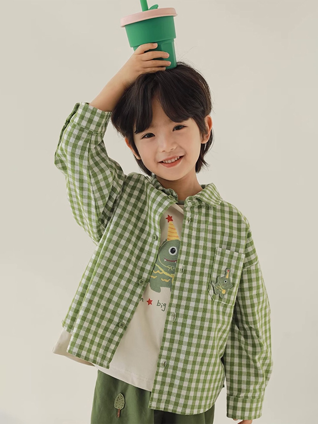 

LULU & SKY Boys Relaxed Fit Spread Collar Gingham Checked Cotton Casual Shirt, Green