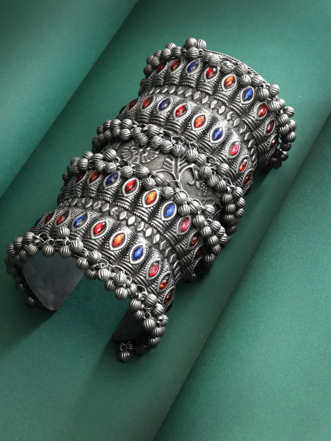 

Moedbuille Silver-Plated Crystals Studded Tribal Oxidised Cuff Bracelet