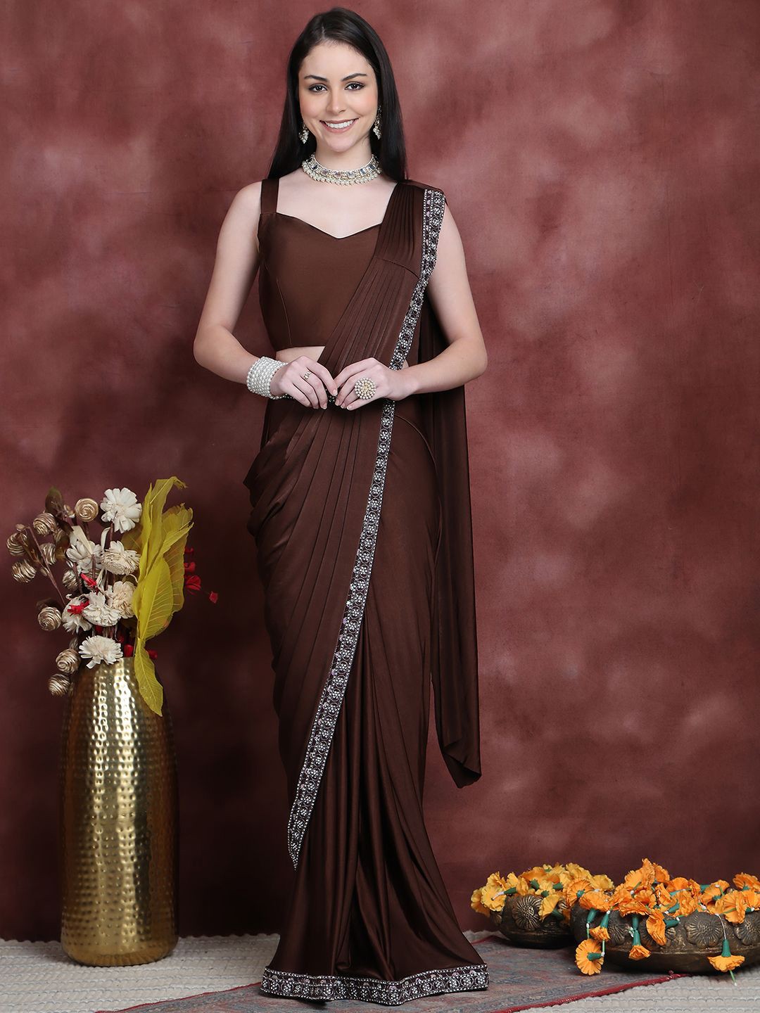 

Grancy Beads and Stones Embellished Ready to Wear Leheriya Saree, Coffee brown