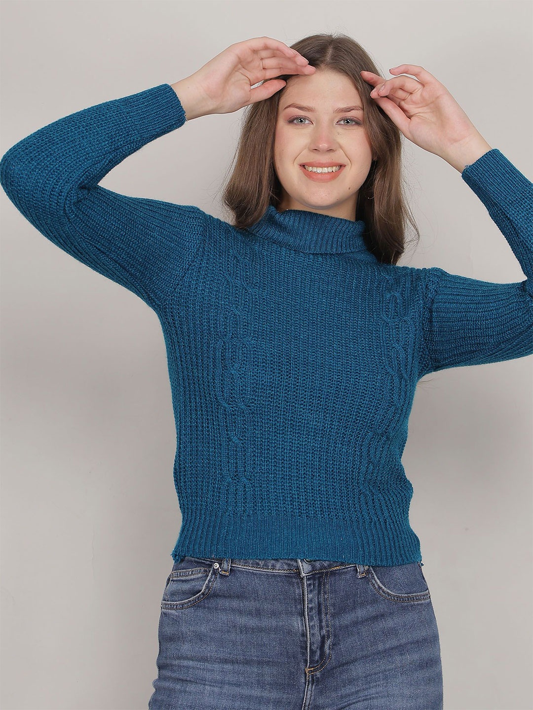 

Thansmay Kleider Women Self Design High Neck Cable Knit Pullover Sweaters, Blue