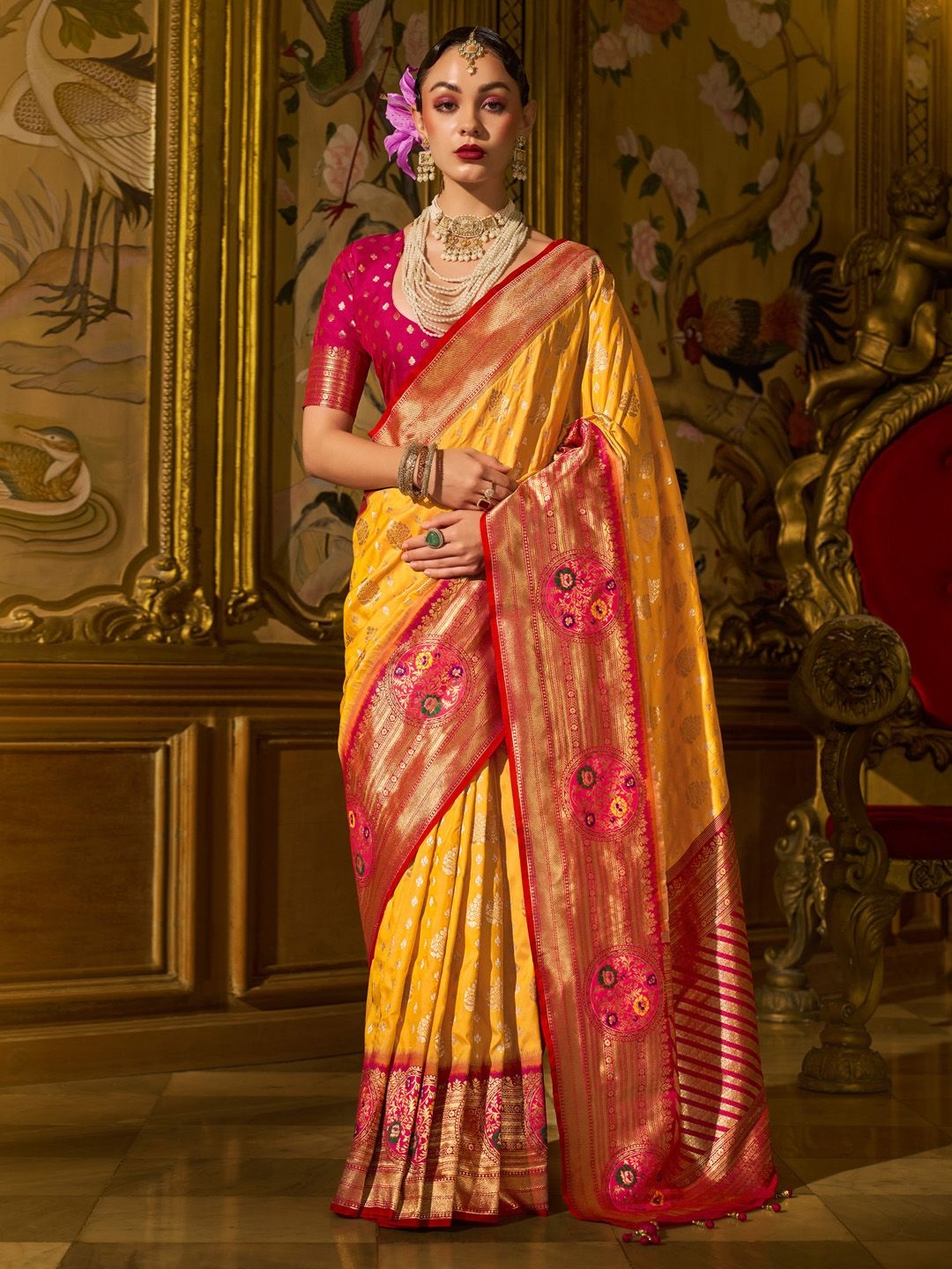 

Anouk Ethnic Motifs Woven Design Banarasi Saree, Yellow