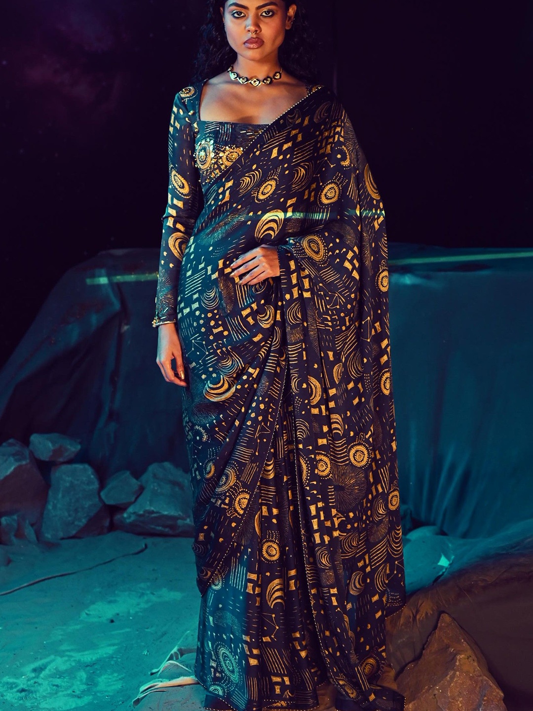 

Baise Gaba Kasavu Printed Quasar Saree, Navy blue