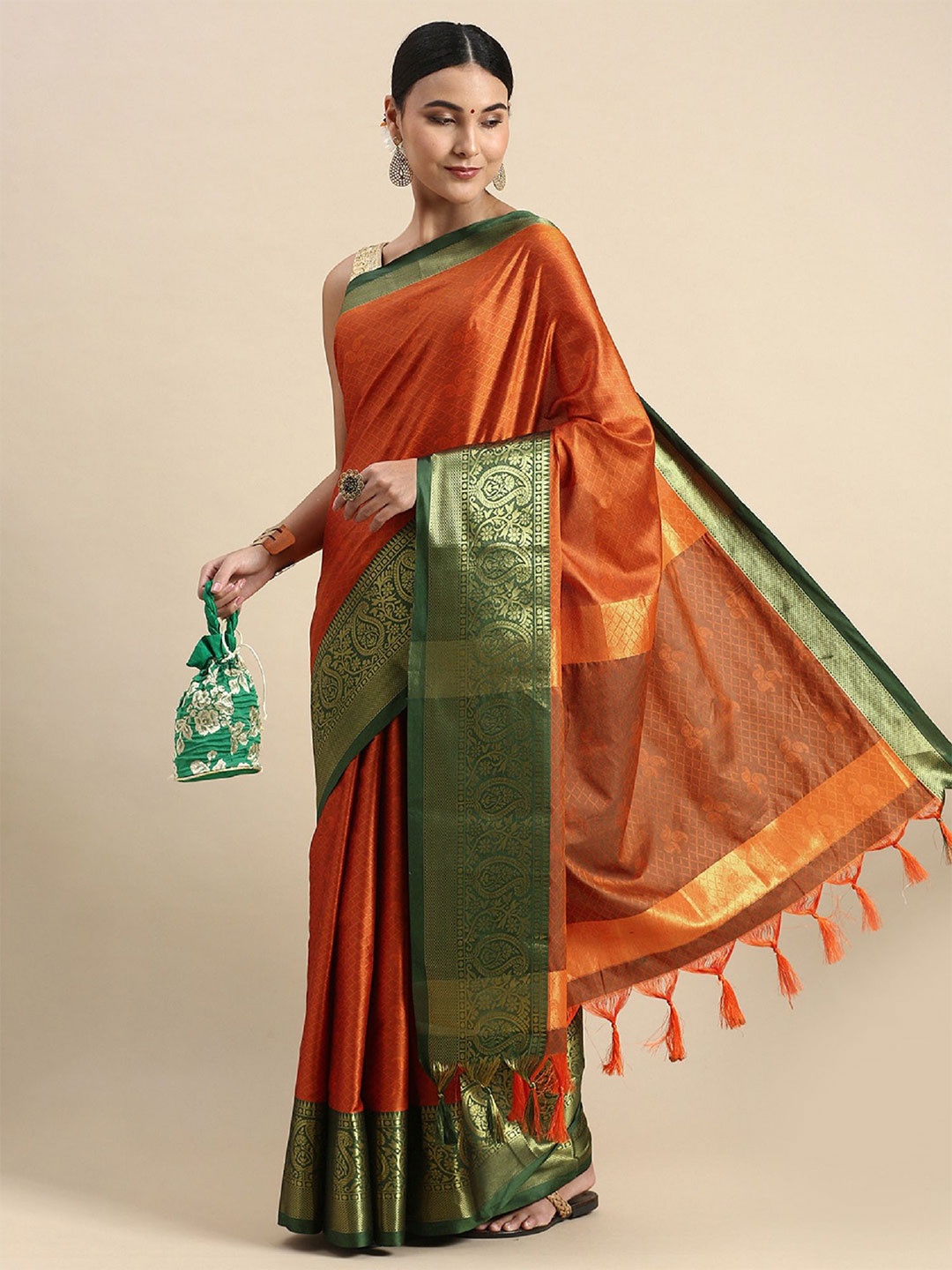 

A TO Z CART Paisley Woven Design Zari Banarasi Saree, Orange