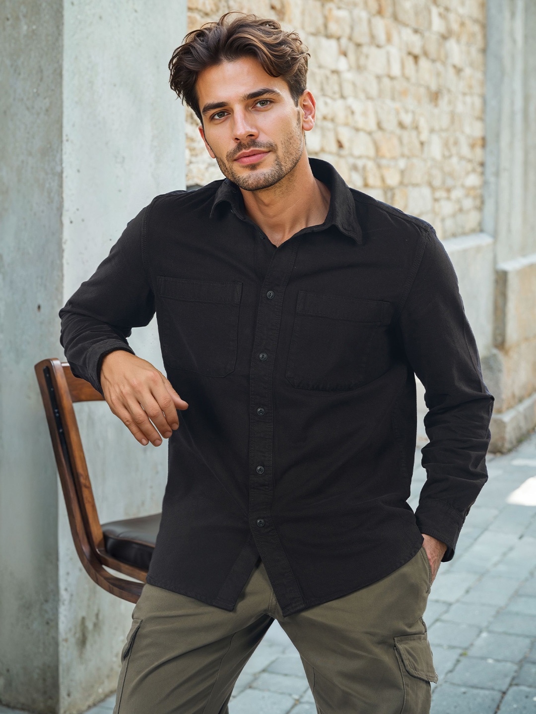 

Celio Men Classic Fit Spread Collar Solid Cotton Casual Shirt, Black
