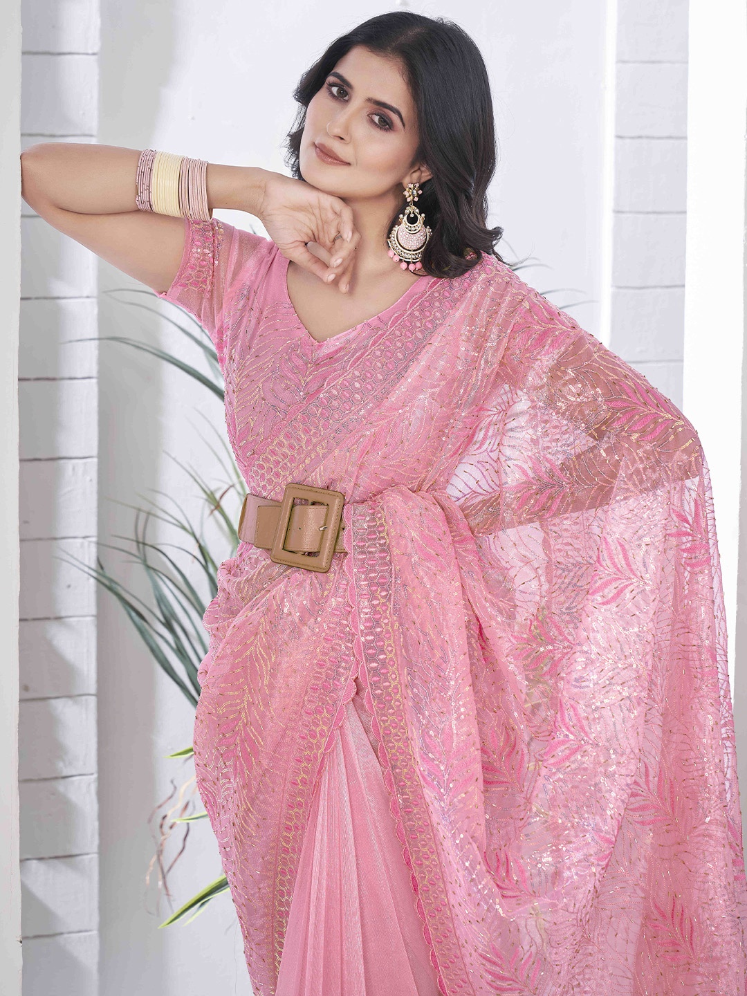 

Munir Embellished Sequinned Saree, Pink