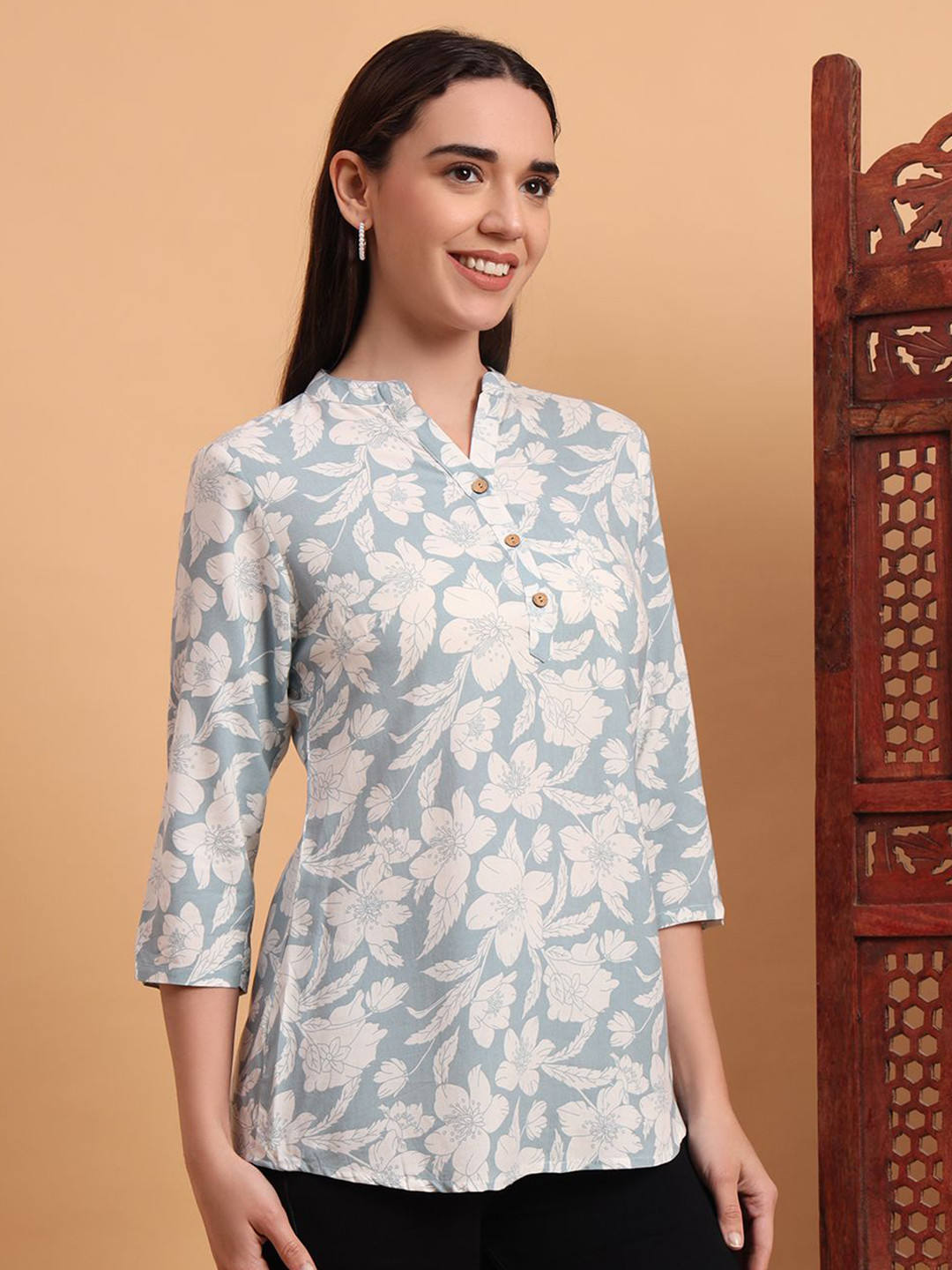 

Anouk Rustic Floral Printed Mandarin Collar Neck Tunic, Blue