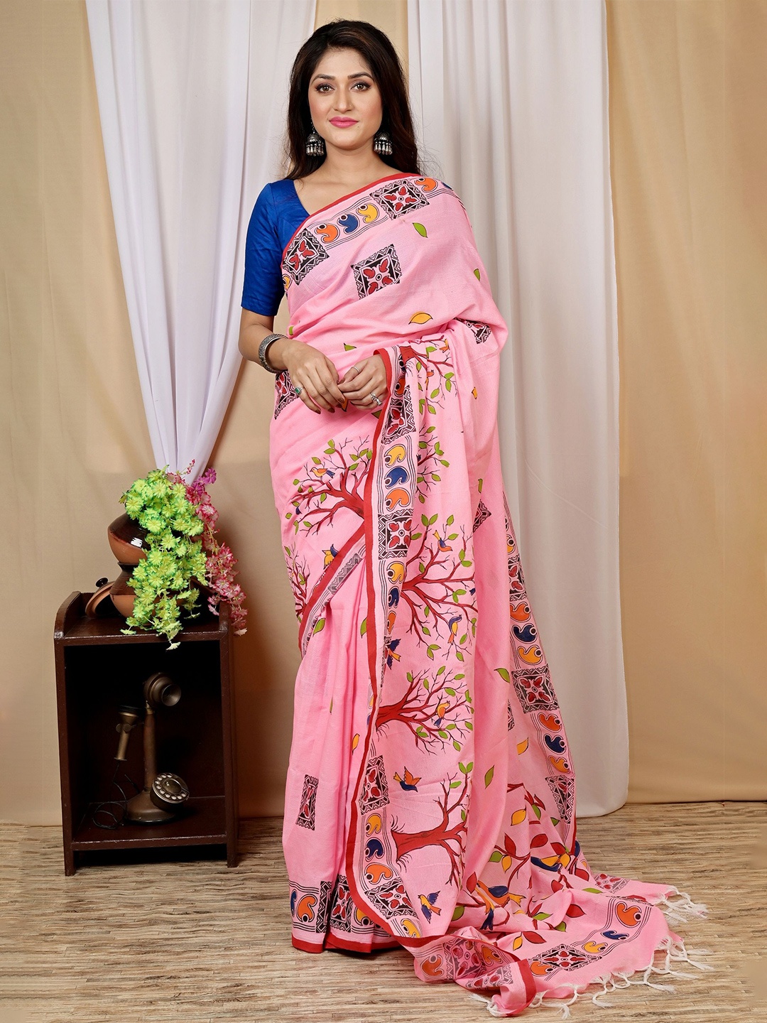 

PuJoy Ethnic Motifs Pure Cotton Taant Saree, Pink