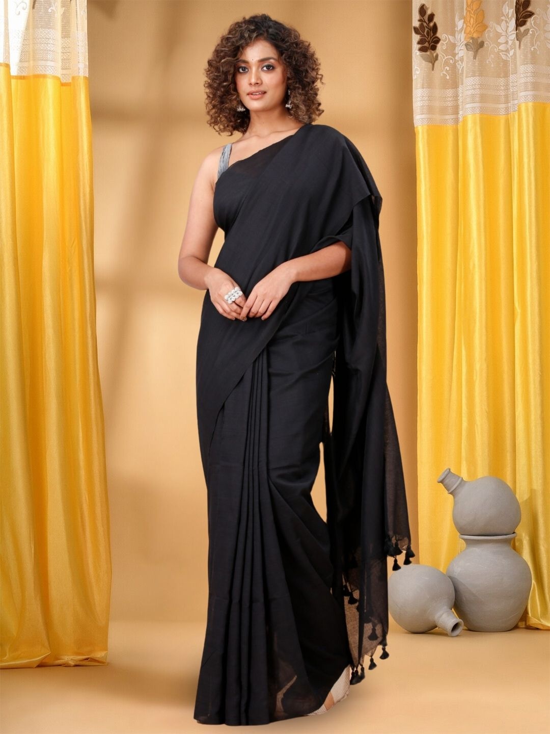 

T.J. SAREES Pure Cotton Saree, Black