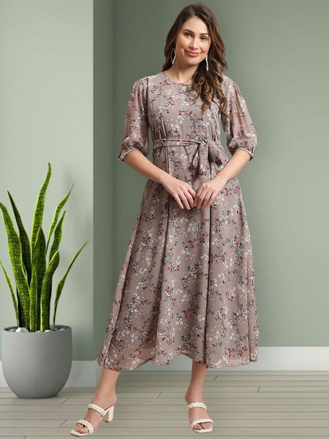 

Mast & Harbour Women Floral Print Puff Sleeve Fit & Flare Dress, Grey